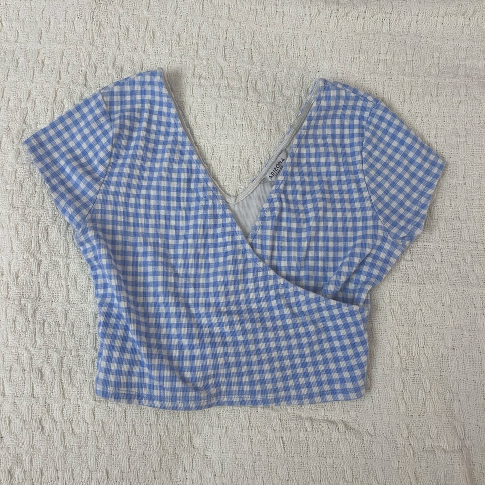 Arizona Jean Co Blue Gingham Wrap Crop Top
